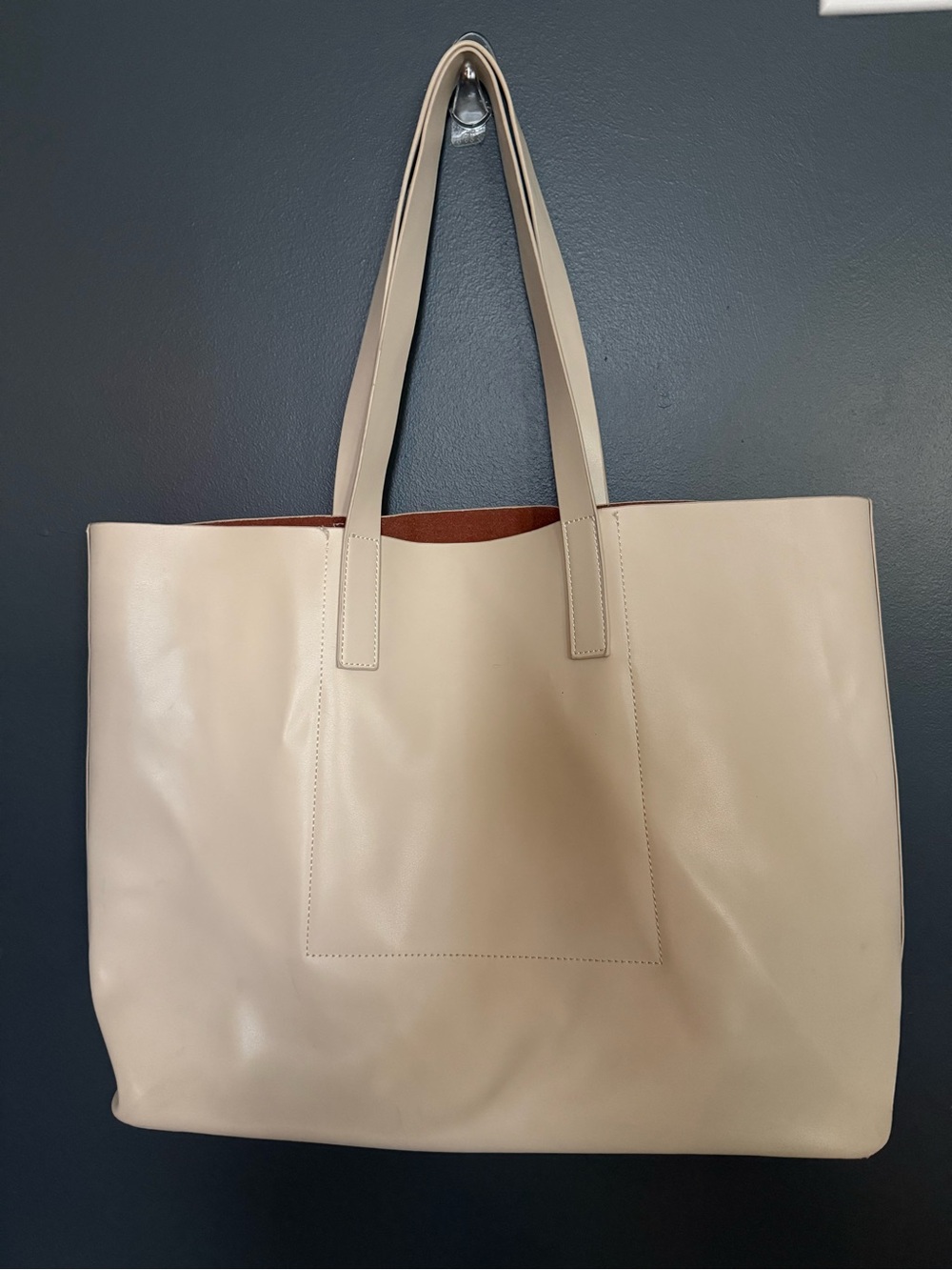 Classic Beige Leather Tote Bag - Spacious Everyday Shoulder Bag